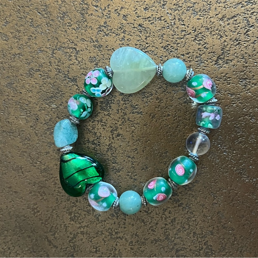 Green and Pink Glass Beaded Bracelet